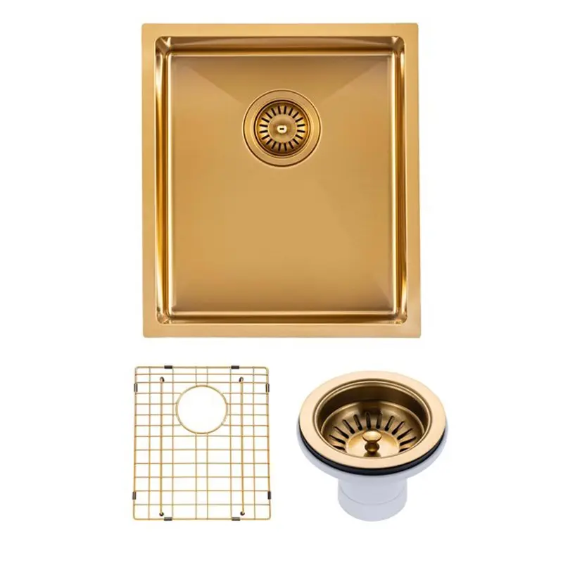 1.2mm Handmade Top/Undermount Single Bowl Kitchen Sink – Brushed Brass – 390x450x215mm 