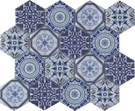 VIEWGRES ARABIA PATTERNED HEXAGON GLASS SATIN BLUE MOSAIC TILES 73X73 mm