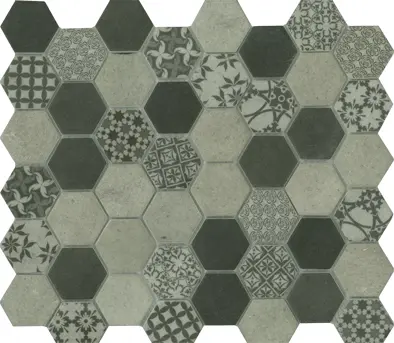 SIGNATURE HEXAGON GLASS CONCRETE SATIN MOSAIC TILES 45x52mm