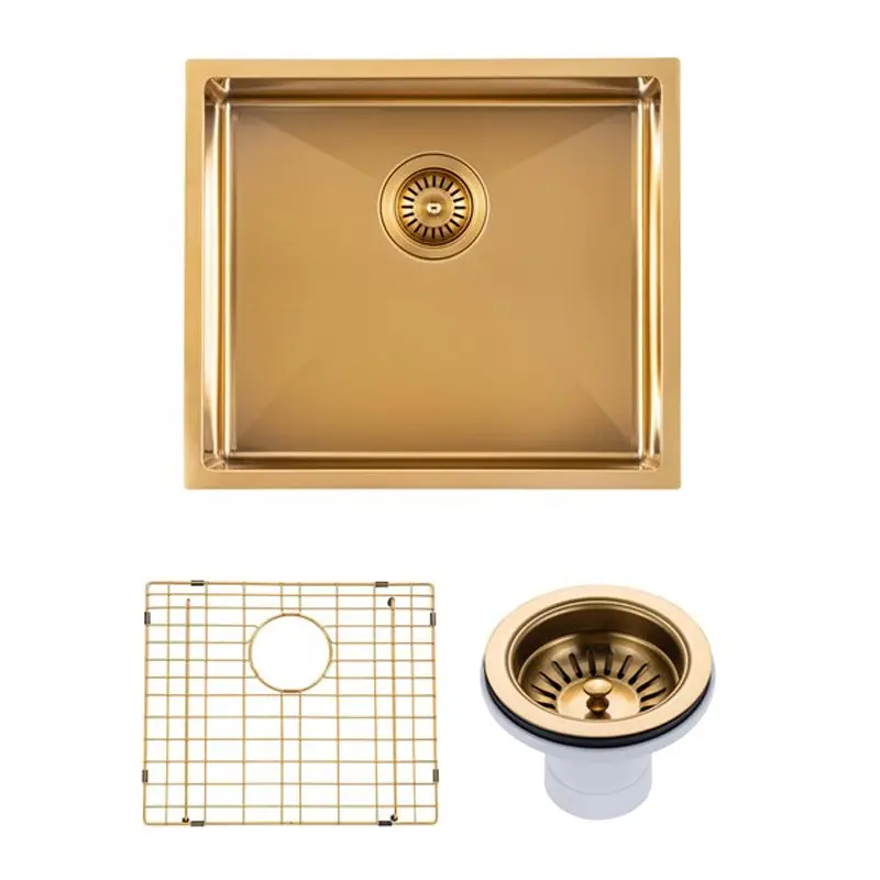 Brushed Brass Stainless Steel PVD Single Bowl Kitchen Sink 510x450x230mm