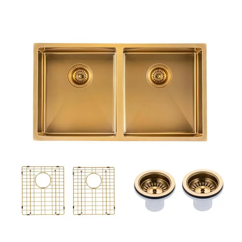 770x450x215mm Brushed Brass Stainless Steel PVD Double Bowl Kitchen Sink 