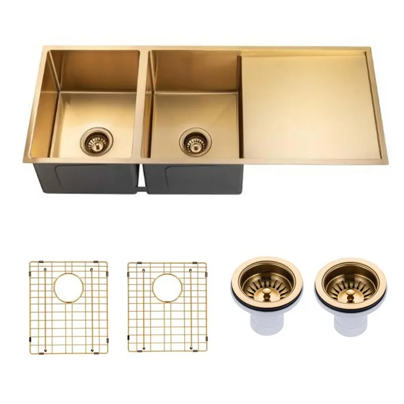Brushed Brass 1.2mm Handmade Top/Undermount PVD Double Bowls Kitchen Sink – 1160x460x230mm
