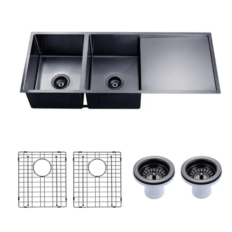 Gun Metal 1.2mm Handmade Top/Undermount PVD Double Bowls Kitchen Sink - 1160x460x230mm