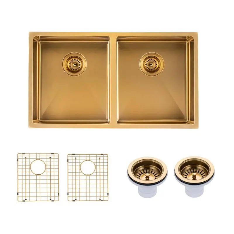 820x457x230mm Brushed Brass Stainless Steel PVD Double Bowl Kitchen Sink 