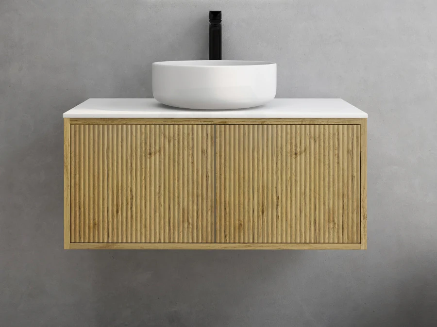 890*386*380mm Narrow Ceto Bellevue Wall Hung Bathroom Vanity Right hand drawer Push-to-Open Prime Oak