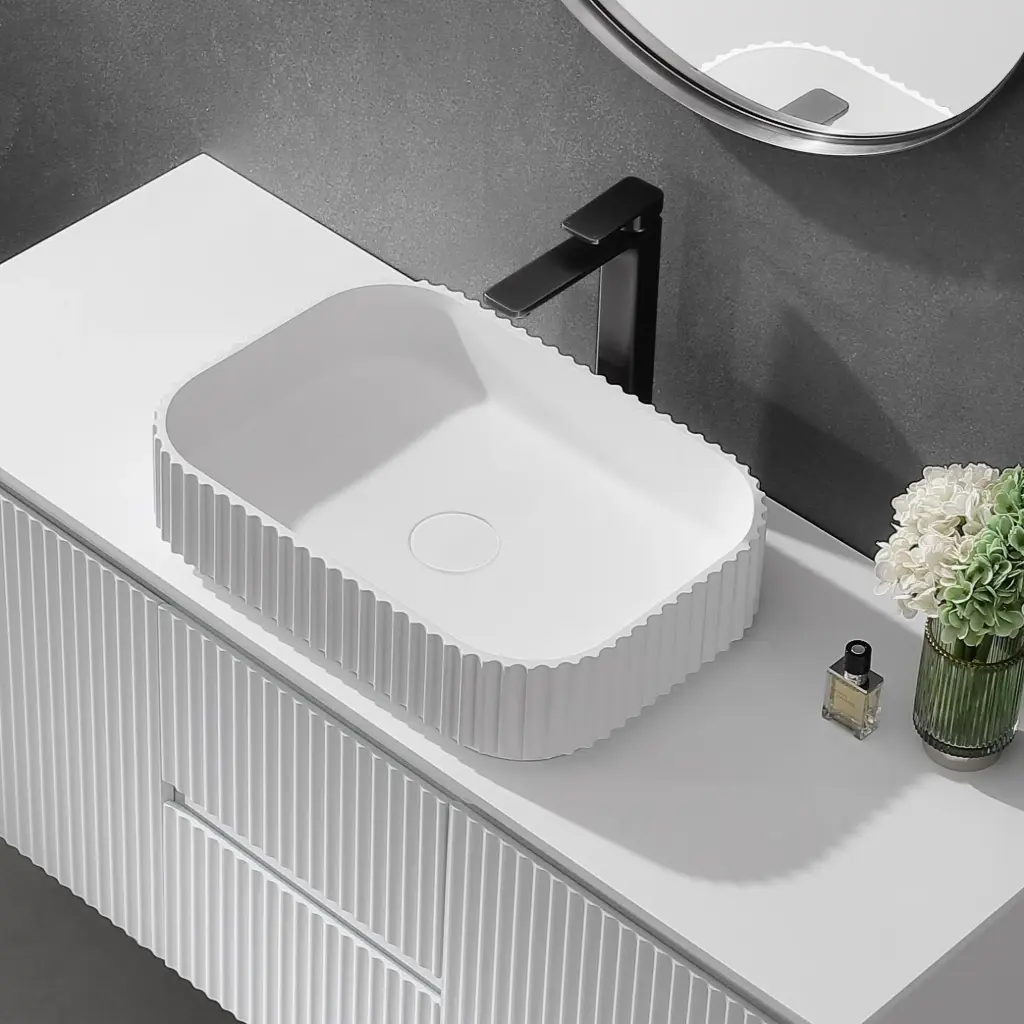 CETO Jasper Fluted Solid Surface Stone Basin Gloss White