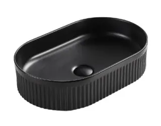 490x310x130mm Cascade Matte Black Fluted Oval Above counter Art Basin