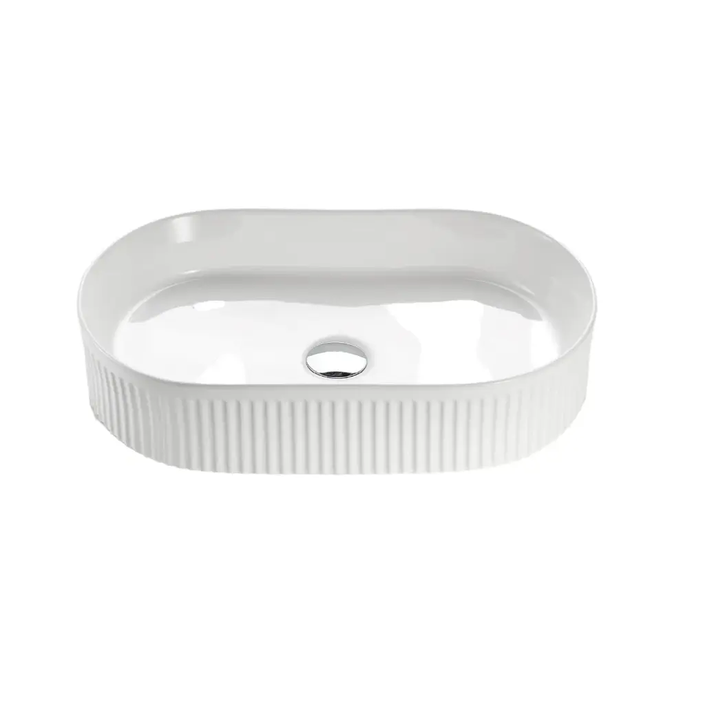 Oval Above Counter Ceramic Basin Ultra Slim - Fluted - Matte White - 580x360x120mm 