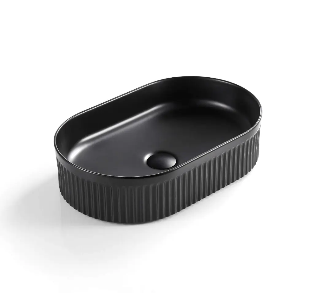 Oval Above Counter Ceramic Basin Ultra Slim - Fluted - Matte Black - 580x360x120mm 