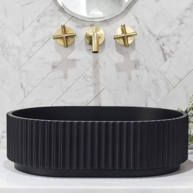 Stadio Groove Above Counter Artificial Stone – Fluted – Matte Black – Oval – 480mm