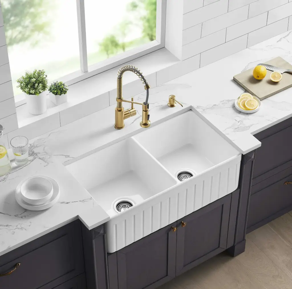 Greenwich Fireclay Farmhouse Sink – Double Bowl – Fluted – Gloss White – 828x457x255mm