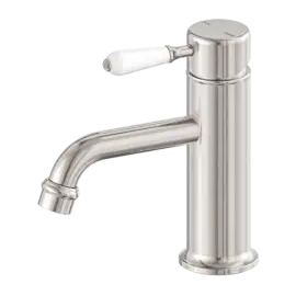 YORK STRAIGHT BRUSHED NICKEL BASIN MIXER WITH WHITE PORCELAIN LEVER