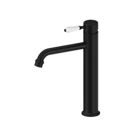 YORK STRAIGHT TALL MATTE BLACK BASIN MIXER WITH WHITE PORCELAIN LEVER