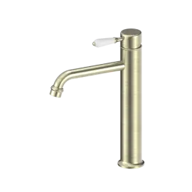 YORK STRAIGHT TALL AGED BRASS BASIN MIXER WITH WHITE PORCELAIN LEVER