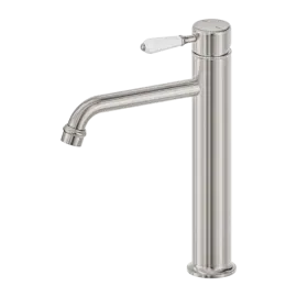 YORK STRAIGHT TALL BRUSHED NICKEL BASIN MIXER WITH WHITE PORCELAIN LEVER