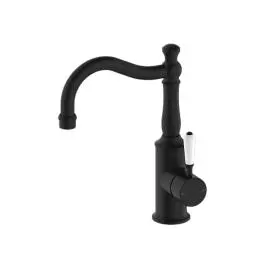 YORK MATTE BLACK BASIN MIXER HOOK SPOUT WITH WHITE PORCELAIN LEVER