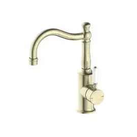 YORK AGED BRASS BASIN MIXER HOOK SPOUT WITH WHITE PORCELAIN LEVER
