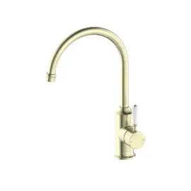 YORK AGED BRASS KITCHEN MIXER GOOSENECK SPOUT WITH WHITE PORCELAIN LEVER