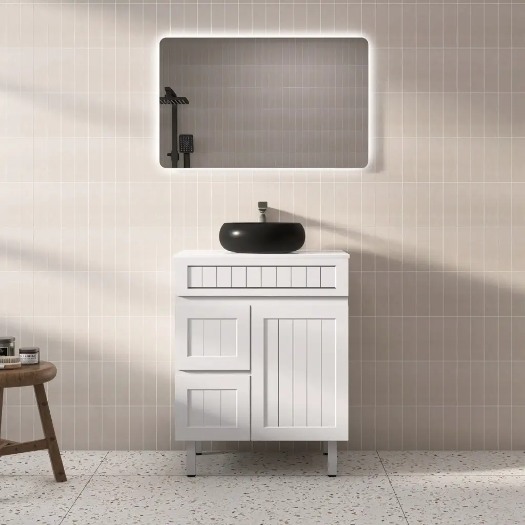 740*450*710mm Acacia Shaker Floor PVC Vanity – Left Hand Drawer – Matte White