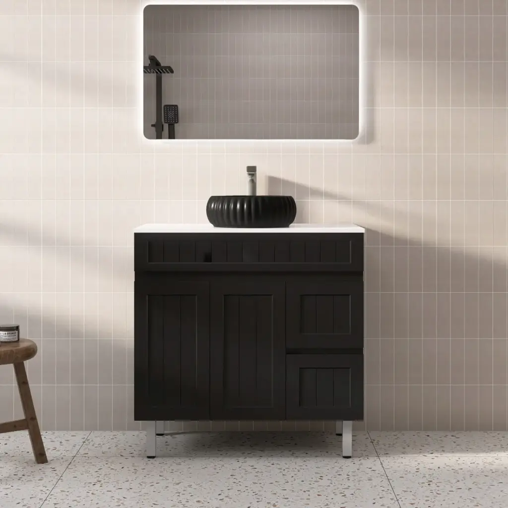890*450*710mm Acacia Shaker Floor PVC Vanity – Right Hand Drawer – Matte Black