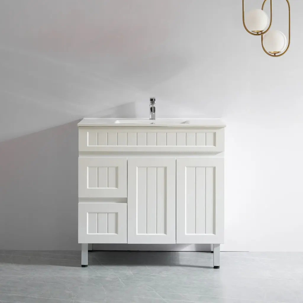 890*450*710mm Acacia Shaker Floor PVC Vanity – Left Hand Drawer – Matte White