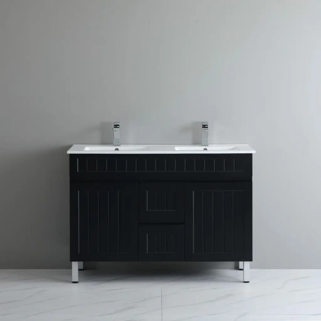 1190*450*710mm Acacia Shaker Floor Vanity – Double Bowl – Matte Black