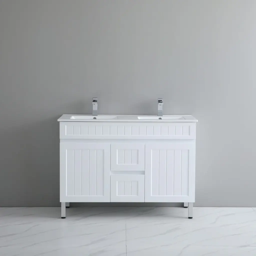 1190*450*710mm Acacia Shaker Floor Vanity – Double Bowl – Matte White