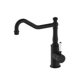YORK MATTE BLACK KITCHEN MIXER HOOK SPOUT WITH WHITE PORCELAIN LEVER