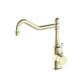 YORK AGED BRASS KITCHEN MIXER HOOK SPOUT WITH WHITE PORCELAIN LEVER