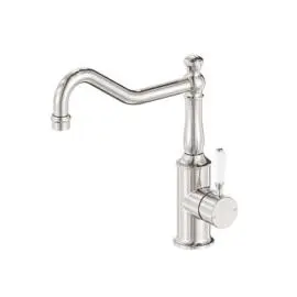 YORK BRUSHED NICKEL KITCHEN MIXER HOOK SPOUT WITH WHITE PORCELAIN LEVER