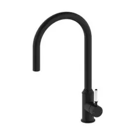 YORK MATTE BLACK PULL OUT SINK MIXER WITH VEGIE SPRAY FUNCTION WITH WHITE PORCELAIN LEVER