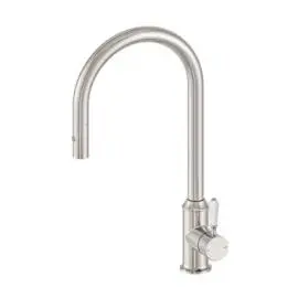 YORK BRUSHED NICKEL PULL OUT SINK MIXER WITH VEGIE SPRAY FUNCTION WITH WHITE PORCELAIN LEVER
