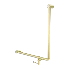 MECCA CARE 32MM 90 DEGREE BENT TUBE GRAB RAIL 750X750MM WITH TOILET ROLL HOLDER BRUSHED GOLD 