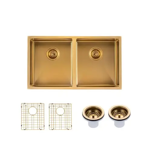 [BUYG8245-P.KS] 820x457x230mm Brushed Brass Stainless Steel PVD Double Bowl Kitchen Sink 
