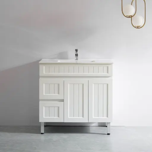 [AC94LL-MW] 890*450*710mm Acacia Shaker Floor PVC Vanity – Left Hand Drawer – Matte White