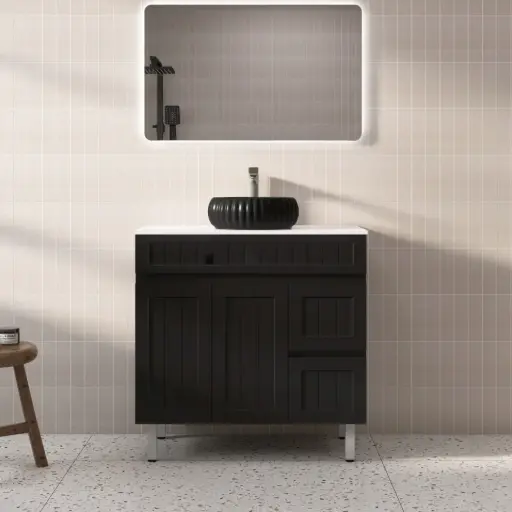 [AC94RL-MB] 890*450*710mm Acacia Shaker Floor PVC Vanity – Right Hand Drawer – Matte Black