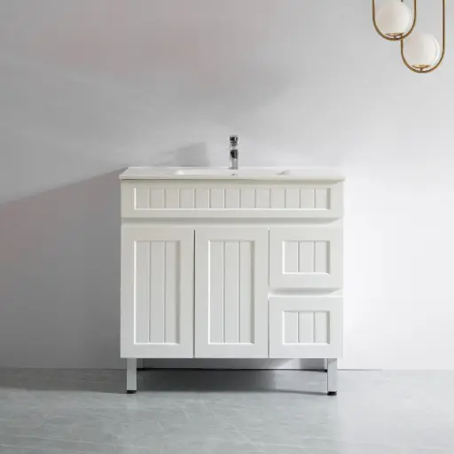 [AC94RL-MW] 890*450*710mm Acacia Shaker Floor PVC Vanity – Right Hand Drawer – Matte White