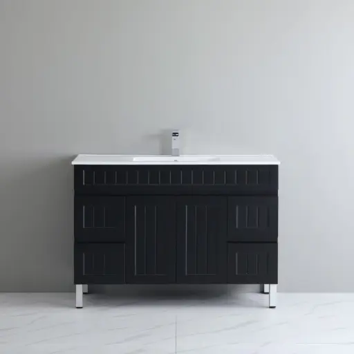 [AC124L-MB] 1190*450*710mm Acacia Shaker Floor PVC Vanity – Single Bowl – Matte Black