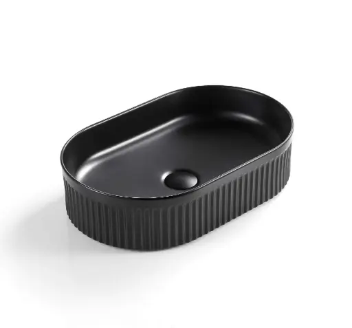 [CA5836-MB] Oval Above Counter Ceramic Basin Ultra Slim - Fluted - Matte Black - 580x360x120mm 