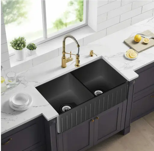 [FCS828-D-MB] Greenwich Fireclay Farmhouse Sink – Double Bowl – Fluted – Matte Black – 828x457x255mm